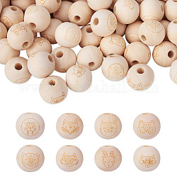 Cheriswelry 80pcs 8 styles perles européennes en bois naturel non fini, Perles avec un grand trou   , motif gravé au laser, rond avec animal, vieille dentelle, 15~16x14~15mm, Trou: 4mm, 10 pièces / style