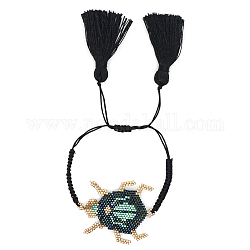 Braccialetto a maglie di scarabeo di semi di miyuki con doppia nappa, braccialetto regolabile per le donne, verde scuro, 11 pollice (28 cm)