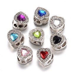 Abalorios europeos de aleación, con diamantes de imitación, Abalorios de grande agujero, corazón, plata antigua, color mezclado, 13x11.5x9.5mm, agujero: 4.5 mm