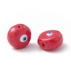 Perles en verre, avec l'émail, plat rond avec motif mauvais œil, firebrick, 14~14.5x9mm, Trou: 1.2mm