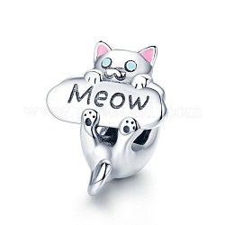 925 Sterling Silver European Beads, Large Hole Beads, Cat with Word Meow, Platinum