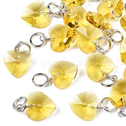 Breloques en verre transparent à facettes, avec anneau de saut en fer, cœur, jaune, 13~14x10x5~6mm, Trou: 4mm