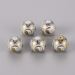 Perles en verre electroplate, rond avec motif yin yang, plaqué or, 10mm, Trou: 1.2mm