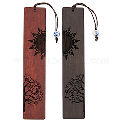AHADEMAKER 2Pcs 2 Colors Wood Bookmarks, with Porcelain Beads, Rectangle with Sun & Tree of Life Pattern, Mixed Color, 216~225mm, 1pc/color