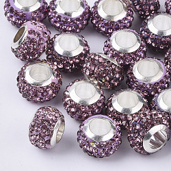 Fimo Perlen Strass europäischen, mit Messing-Einzelkernen, Großloch perlen, Rondell, Platin Farbe, Amethyst, pp11 (1.7~1.8 mm), 11x8 mm, Bohrung: 5 mm