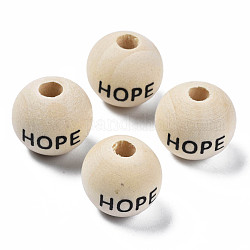 Perles européennes en bois naturel imprimées, non teint, Perles avec un grand trou   , rond avec le mot espoir, papayawhip, 16x14.5mm, Trou: 5.5mm