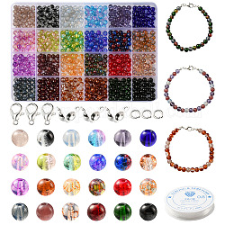 Kit de fabricación de collar de pulsera elástica de diy, incluyendo cuentas redondas de vidrio, hilo elástico, broches de aleación, color mezclado, 810 PC / sistema