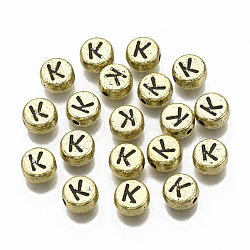 Perline acrilico placcato, foro orizzontale, piatta e rotonda con la lettera, oro placcato, nero, letter.k, 7x4mm, foro: 1.2mm.