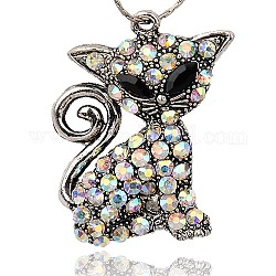 Tibetan Style Alloy Rhinestone Kitten Big Pendants, with Resin Cabochons, Cat Shape, Antique Silver, Crystal AB, 55x44x7mm, Hole: 3.5mm