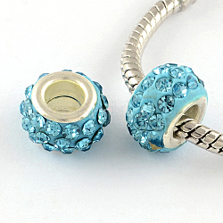 Polymer Clay Rhinestone European Large Hole Beads with Silver Color Plated Brass Cores, Rondelle, Aquamarine, 11~12x7~7.5mm, Hole: 5mm