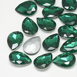 Cabujones de cristal con rhinestone, espalda plateada, facetados, lágrima, med.emerald, 10x7x4mm