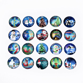 Cabochons en verre, demi-rond avec motif sur le thème de noël, bleu, 25x7.5mm, 20 pièces / kit