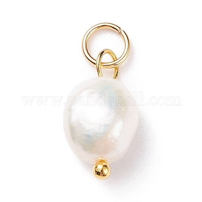 Grade B Natural Cultured Freshwater Pearl Charms, with 304 Stainless Steel Jump Rings, Polished Rice, Golden, 13.5~15x7~7.5x5~6mm