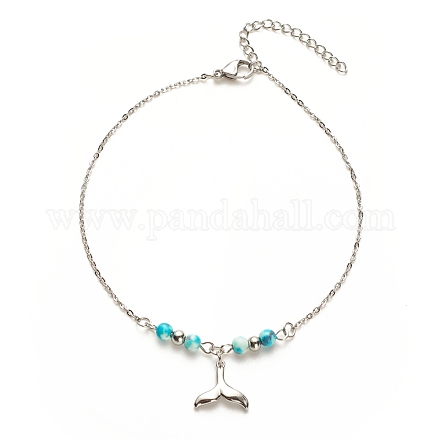 304 Stainless Steel Whale Tail Charm Anklet with Round Natural White Jade Beads for Women AJEW-AN00498-01-1