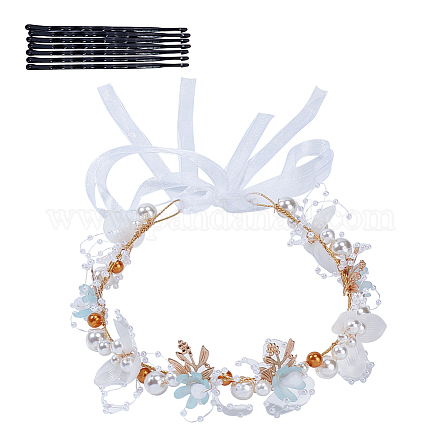 結婚式パーティービーチスタイル花嫁ヘアアクセサリー  合金の花のヘッドバンド  プラスチック製のビーズと  空色  380~383x33x14mm OHAR-WH0021-03C-1