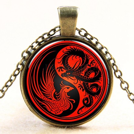 Feng shui yin-yang con collares con colgante de vidrio redondo plano con patrón de dragón y Fénix NJEW-N0051-010B-01-1