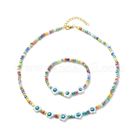 Fleur de coquille naturelle avec mauvais œil et perles de verre collier bracelet extensible SJEW-JS01248-1
