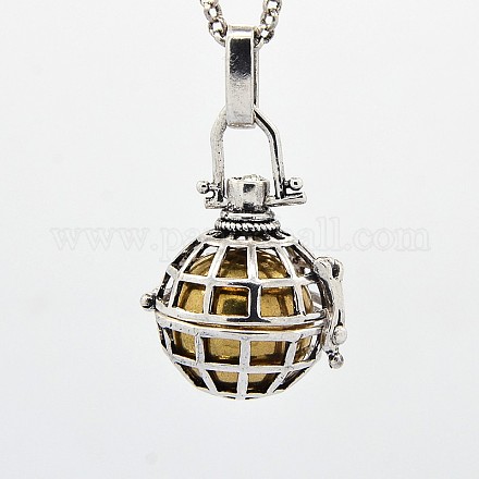 Antique Silver Gridding Brass Pregnancy Chime Ball Pendant Necklaces NJEW-F053-04AS-05-1