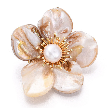 Broches à fleurs en coquillage et perles naturelles pour femmes JEWB-N001-02G-1