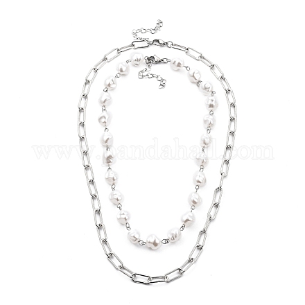 Collares de cuentas de perlas de imitación de plástico blanco y conjuntos de collares de cadena de clip de hierro NJEW-JN03059-1