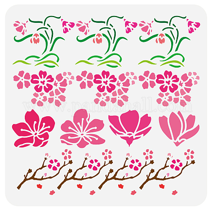 FINGERINSPIRE Cherry Blossom Pattern Stencil 11.8x11.8inch Reusable 4 Style Cherry Blossom Flower Border Painting Template DIY Craft Flower Plants Stencil for Painting on Wood Wall Fabric Furniture DIY-WH0391-0478-1