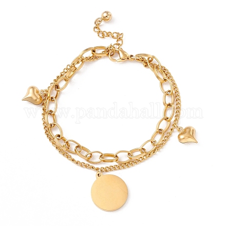 304 Stainless Steel Chain Multi-strand Bracelet with Flat Round & Heart Charms for Women STAS-P304-31G-1