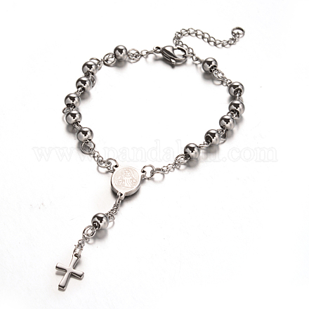Bracelets de perles de chapelet avec croix BJEW-E282-03P-1