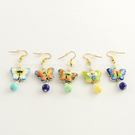 Trendy Cloisonne Butterfly Dangle Earrings with Iron Earring Hooks and Glass Bead EJEW-R089-30-1
