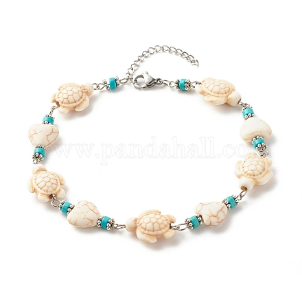 Bracelet de cheville perlé turquoise synthétique cœur et tortue AJEW-AN00459-01-1