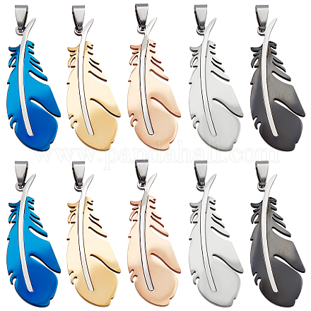 UNICRAFTALE 10Pcs 5 Colors Feather Pendants 201 Stainless Steel Feather Charms 49mm Long Feather Metal Charms Earring Bracelets Charms Pendants Necklace Pendants for Jewelry Making STAS-UN0035-66-1