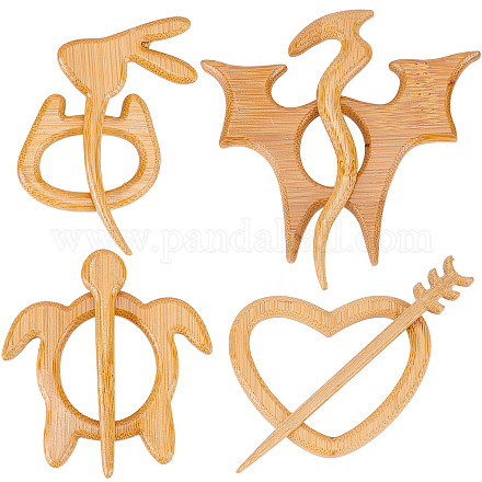 GORGECRAFT 4 Styles Wooden Animal Shape Brooch Pin Handmade Wooden Brooch Knitting Scarf Shawl Pins Stick Set Sweater Buckle for Home DIY Decoration Craft Costume Accessory JEWB-GF0001-18-1