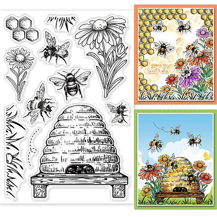 GLOBLELAND Vintage Honeycomb Clear Stamps for DIY Scrapbooking Decor Bees Wildflowers Grass Transparent Silicone Stamps for Making Cards Photo Album Decor DIY-WH0167-57-0357-1