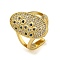 Oval with Flower Brass Micro Pave Cubic Zirconia Open Cuff Rings for Women, Real 18K Gold Plated, Adjustable, Oval: 22.5x12.5mm