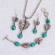Antique Silver Plated Fashionable Retro Synthetic Turquoise Leaf Jewelry Sets: Earrings & Bracelets & Necklace SJEW-E044-03A-1