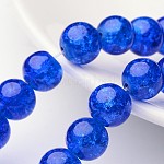 Abalorios de vidrio craquelado transparente redondos de azul, 1mm, agujero: 10 mm, aproximamente 1.3~1.6 pcs / cadena, 80 pulgada