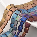 Electroplate Non-magnetic Synthetic Hematite Bead Strands, Frosted, Flat Slice Square Beads, Mixed Color, 8x8x3mm, Hole: 1mm, about 49pcs/strand, 15.7 inch