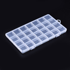 Contenedores de almacenamiento de perlas de polipropileno (pp), Cajas organizadoras de 28 compartimento, con tapa abatible, Rectángulo, Claro, 22.5x13.3x1.4 cm, agujero: 16.5x6.5 mm, compartimento: 3x3 cm