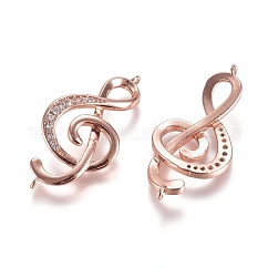 Connecteurs de liaisons en zircone cubique micro pavé en laiton, clé de sol, clair, or rose, 32x16x3mm, Trou: 1.2mm