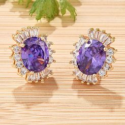 Pendientes de latón ovalado con micro pavé de circonitas cúbicas para mujer&nbsp;EJEW-G428-27G-03