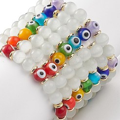 7 stücke 7 farbe cat eye & Bunte Malerei böser blick runde perlen stretch-armbänder&nbsp;BJEW-JB08880