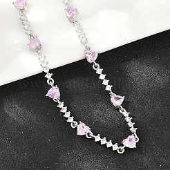 Collares de eslabones en forma de corazón con circonitas cúbicas rosas y pavé de latón&nbsp;KK-CBA4547-16A-P