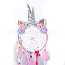 Handgemachtes Einhorn gewebtes Netz/Netz mit Feder-Wandbehang-Dekoration&nbsp;HJEW-A001-01A