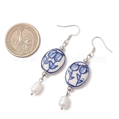 Ovale Hängeohrringe aus Edelstahl 304 mit Blumenmuster&nbsp;EJEW-JE06925