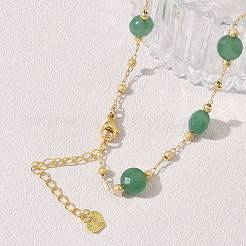 Colliers à maillons plats ronds facettés en aventurine verte naturelle avec perles en laiton mat&nbsp;GG-CBA37F5-01G-10