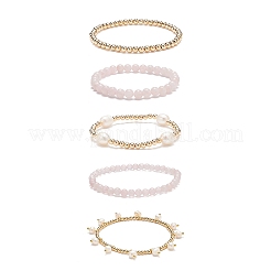 Set di braccialetti elasticizzati con perline in ottone e quarzo rosa naturale in stile 5 pz 5&nbsp;BJEW-JB08870-02