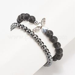 2 pièces 2 style bracelets extensibles en roche de lave naturelle et hématite synthétique sertis d'ailes en alliage&nbsp;BJEW-JB08021