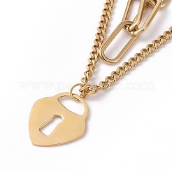Placcatura sotto vuoto pvd acciaio inossidabile 304 doppia catena collana multistrato con ciondoli a forma di lucchetto a cuore per donna&nbsp;STAS-E155-05G