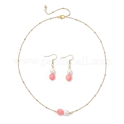 Runde Halskette mit Anhänger und Ohrhängern aus natürlichem Rhodochrosit und Muschelperlen&nbsp;SJEW-JS01362