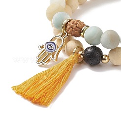 2 pièces 2 style fleur naturelle amazonite et pierre de lave et bracelets extensibles en bois sertis de breloques de main hamsa gland et alliage&nbsp;BJEW-JB08347