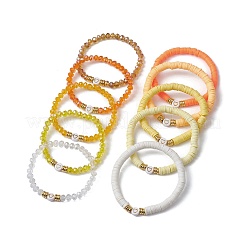Set di 10 disco di argilla polimerica e braccialetti elasticizzati con perline di vetro e ottone&nbsp;BJEW-JB09676-03